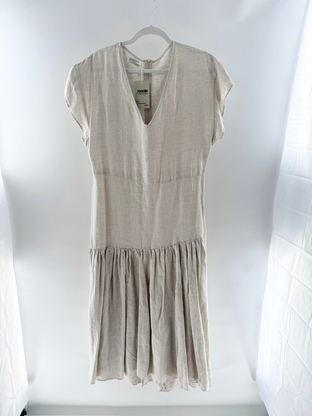 Lanhtropy Linen Flutter Sleeve V-Neck Tiered Midi Dress Beige Women's Size XL